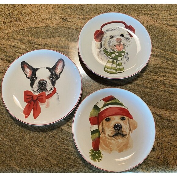 Pier 1 Other - Pier 1 Christmas Dog 8” Salad Dessert Plates Set Of 3 Original Box